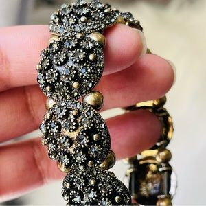 Dark Gray Crystals Rhinestones Floral Clusters Oxidized Gold Stretch Bracelet